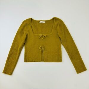 Oak + Fort green gold fuzzy sweater Small square neck split front bow detail